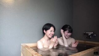 Saucy office lady captures steamy lesbian escapades on sultry hot springs getaway