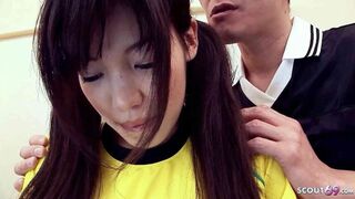 Petite Japanese Schoolgirl seduce to Double Creampie Sex in 3Some by old Guys